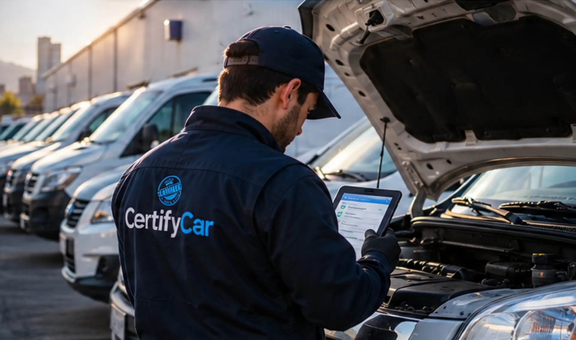 Inspector de CertifyCar revisando con una tablet el motor de un vehículo de una flota